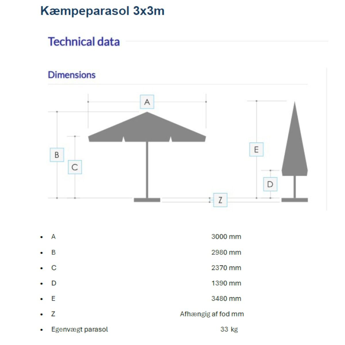 Kæmpeparasol - 3x3m u/frisekant - NY