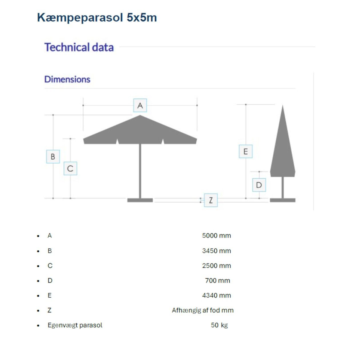 Kæmpeparasol - 5x5m m/frisekant - NY