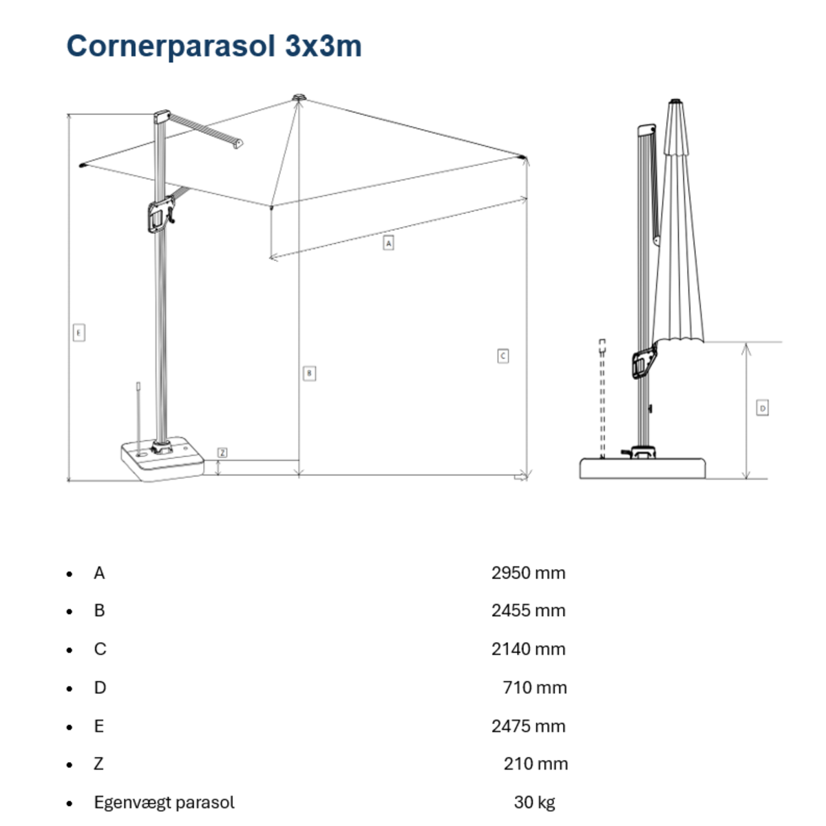 Corner Parasol v.2 3x3m 280gr/m2 Polyester dug - NY